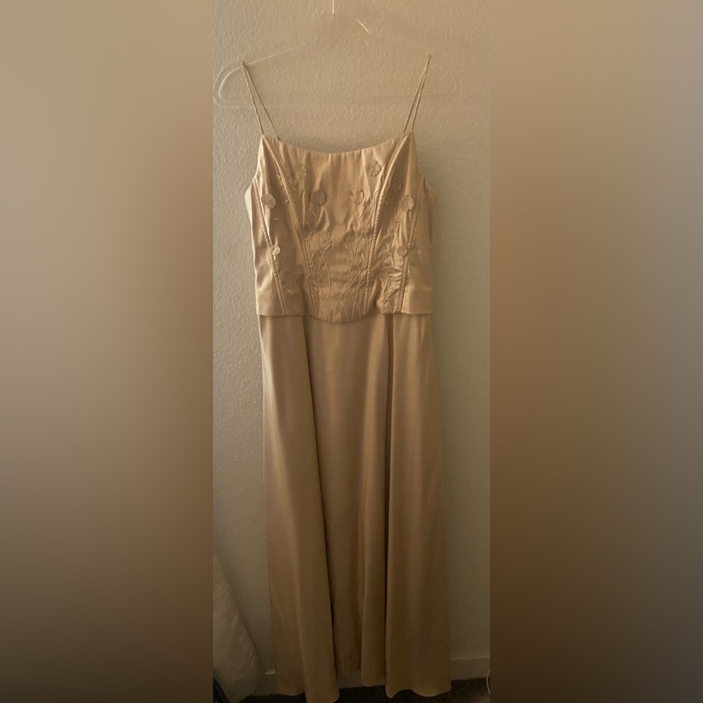 Shimmering Gold, Rose Gold long flowy dress, flowers on top 
Size Large